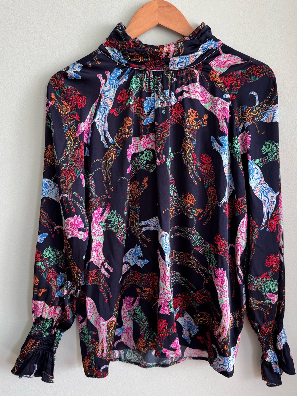 Women's Black Multicolor Printed High-Neck Blouse